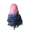 WoodFestival women's long curly wig pink gradient blue ombre hair heat resistant synthetic fiber party wigs wavy