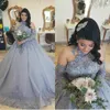 Talla grande Princesa de plata Vestidos de novia Vestido nupcial 2022 Alto Cuello de cuello con cuentas de barrido de barrido de manga larga Navega de boda Iglesia árabe