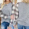 Vente en gros Femmes Mode Élastique Respirant Top Sweat Absorber T-shirts Top Manches Longues Col Rond T-shirt Plaid Épissage Cachemire DH0869