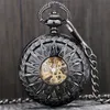 Steampunk Antique Black Gold Bronze Skeleton Hand-Winding Mechanical Watches Mens Womens ClockFob Pendant Chain Gift223n