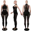 Plus Größe Frauen Feder schiere weiß schwarz Overalls Mode Mesh Bodysuits sexy dünne Leggings Lässige Mode ärmellose Overalls 2565