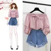 Summer New Off Shoulder Loose Half Lantern Sleeve Solid Cute Blouse Jean Shorts Two-Piece Outfit Casual Sets T200622