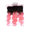 Ombre Rose Gold Menselijk Haarbundels met Frontale Sluiting Body Wave # 1B / Pink Ombre Peruaanse Menselijk Haar 3bundles met Kant Frontale 4pcs Lot