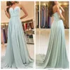 Pastel Green Cheap Prom Dresses Chiffon Sweetheart Sheer Neck Lace Applique Sweep Train Sash Custom Made Evening Gown Formal Wear