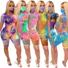 Plus 3xl 3xl Summer Women Tie Dye Dwuczęściowy zestaw modne otwory Otwory Krótkie rękawie Krótkie spodenki