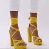 New Design Women Fashion Open Toe Suede Leather Platform Chunky Gladiator Strap Cross Yellow Red High Heel Sandals