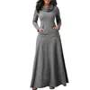 Women Maxi Dress With Pocket Casual Solid Long Sleeve Vintage Long Dress Bow Neck Elegant Warm Robe Female Vestidos