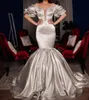 Silver Mermaid Evening Dresses Off Shoulder Sweep Train Tiered Beads Crystal Long Formal Prom Party Gowns vestidos formales para mujer