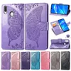 Phone Cases For Huawei Y7 Made of PU Leather Cover with Wallet Card Punched Convex Flower Butterfly Slot Hand Strap