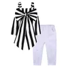 Abbigliamento per bambini Vestito da ragazza a righe Top pantaloni 2 pezzi Il set senza spalline Set di abbigliamento per ragazze con pantaloni bianchi Bowknot Hole