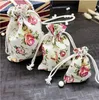 Rose Flower Linen Jewelry Gift Bag 9x12cm 10x15cm 13x17cm pack of 50 Birthday Party Wedding Drawstring Pouch sack4541662