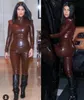 Evening dress Yousef aljasmi Red Women t Kim kardashian 3 Pieaces suit Leather clothing Fur suit Coordinates High neck Long sleeve245A