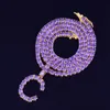 Ny lila zirkon tennisbrev halsband hänger för män / kvinnor is ut kubik zircon mode hip hop smycken med 18inch 4mm tennis kedja