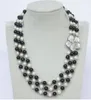 FREE SHIPPING 17"-19" 8mm 3row round white freshwater pearl black necklaCE