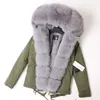 Sweat à capuche avec garniture en fourrure de renard argenté, vestes chaudes pour femmes, doublure en fourrure de renard et de lapin argenté, mini parkas en toile verte armée