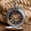 Relógio de bolso antigo, algarismos romanos para a mão prateada eólica relógios mecânicos masculino Mulheres Relógio de esqueleto com colar de pingente Presentes de corrente
