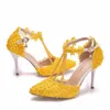 Yellow Lace Flower Thin Heel Women Pumps Ankle T-straps Pointed Toe Sandals Beautiful Lace Wedding Shoes Green Blue Purple Bridesmaid Shoes