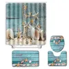 4Pcs/Set Bathroom Shower Curtain Toilet Mat Ocean Seaside Starfish Shell Dolphin Printed Washroom Bath Mats Curtains with Non-Slip Carpet Rug