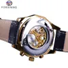 Forsining étanche doré noir squelette horloge deux boutons décoration mécanique montres pour hommes noir véritable cuir 336N