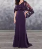 Elegantes dunkelviolettes Kleid für die Brautmutter aus Chiffon mit Bolero-Applikation, glänzende Pailletten, Spitzen-Chiffon, Hochzeitsgastkleid