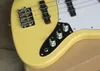 Fabriks anpassad 4-sträng gul elektrisk basgitarr med svart inlägg och krom hårdvara, vit pickguard, erbjuder skräddarsydda