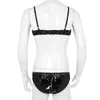 2Pcs Men Lingerie Set Bra Top with Bikini Briefs Sexy Erotic Mens Soft Leather Mankini Underwear Sissy Gay Bralette Panties195M