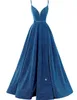 Glittery Side Slit Evening Dress Sexy Deep V-neck Spaghetti Strap Long Prom Dress wiith Pockets High Split Formal Ball Gown Lace up Back