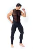 New Design Homens Faux Couro Jumpsuit Sexy Malha Stretch Catsuit sem mangas Ver através de Bodysuit Masculino Zipper Aberto Clubwear