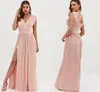 2022 Blush Pink Lace Pleated Formell aftonklänning V-ringning Chiffon split plus storlek lång prom maxi brudtärklänningar skräddarsydda