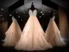 Шампанское погружение V-образным вырезом Пром Quinceanera Платья Tulle 2020 длинные жемчуг бисером кристалл открытой спины Сладкий 16 платье принцесса Vesessos de Novia