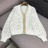 Spring new women's v-neck lantern long sleeve beading paillette lurex patchwork luxury design coarse wool knitted sweater coat casacos