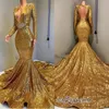 Bling Bling Gold Sequined Mermaid Evening Dresses Deep V Neck Long Sleeves Formal Dresses Evening Wear Special Occasion Dress Robes