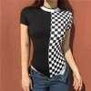 Women's Jumpsuits & Rompers BONJEAN Checkered Short Sleeve Womens Bodysuit Patchwork Black Checkerboard Femme Bodysuits Skinny Plaid Fashion