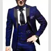 Navy Blue Groom Tuxedos Black Peak Lapel Groomsman Wedding Tuxedos Fashion Men Prom Jacket Blazer 3 Piece Suit(Jacket+Pants+Tie+Vest) 82