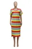 Women striped midi dresses summer clothing contrast color v-neck t-shirt short sleeve loose pocket fashion street dresses LJJA2778