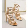 Hot Sale Sexy Gold Multi Strappy Stiletto Heels Glitter Rhinestone Sandals Kvinnor Designer Sandaler Bröllop Skor Storlek 35 till 42