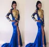 2019 African mermaid Evening Dresses royal blue Arabic Evening Gowns Long sleeve with gold applique high split sexy Prom Dresses plus size