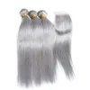 Gümüş Gri Bakire Perulu İnsan Saç 3PCS Paketler 4xx Ön Dantel Kapanış 4pcs Lot ile Kapatma Renkli Gri Bakire saç örgüleri ile fiyatlarına