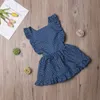 Nyfödda flickor Summer Blue Dot ärmlös Princess Party Dress Back Cross Backless Party Dress 1-6T