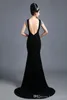 Custom Made Fancy Lady Formal Dresses Black Spandex Mermaid Party Gown Bateau Sweep Train Sequin Beaded Backless Evening Dresses