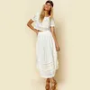 Short Sleeve New Fashion 2 pieces Bohemian Women Dresses set Tie Side white lace trims summer dresses Waist Relaxed long dress female