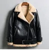 Fashion-Women Leather jacket Profile lambs wool convertable fur collar washed leather Coat