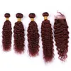 Vinho Tinto Humano Lace cabelo Encerramento molhado e ondulado com 4Bundles 99J Burgundy Malásia Water Wave Cabelo Humano Weave Pacotes com fecho