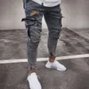 Novos Homens Denim Calças rasgadas Hole Calças de Jeans Moda Hip Hop Skinny Lápis Calças de brim para homens Estiramento Patchwork Bolso Cargo Calças