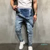 Partihandel-Fashion Mens Ripped Jeans Jumpsuits Street Distressed Hole Denim Bib Overaller för Man Suspender Byxor Storlek M-XXL