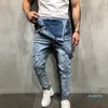 卸売ファッションメンズリッピングジーンズジャンプスーツストリートの苦しんでいる穴Denim Bibオーバーオール男性サスペンダーパンツサイズM-XXL