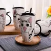 Tasse créative en céramique de chat de 600ml | Avec couvercle et cuillère, tasse de café au lait de dessin animé, tasses en porcelaine, jolis cadeaux 3038