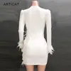 Casual Dresses Sexy See Through Sequin Mesh Patchwork Women Deep V White Feather Mini Party Dress Ladies Nightclub Vestidos