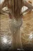 Luxury Beading Split Evening Dresses Arabic Gold Rhinestone Long Sleeve Sheer V neck Mermaid Prom Gowns Crystal Aso Ebi 2019 Pageant Dress