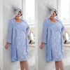 Latest 2019 Mother of Bride Dresses in Plus Size Column Tea Length Lavender Lace and Chiffon Wedding Dresses with Long Jacket